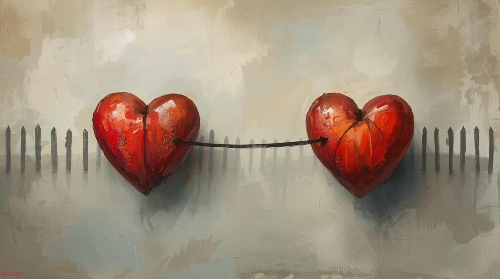 2つのハートの間に、少し高めの柵や壁が描かれている