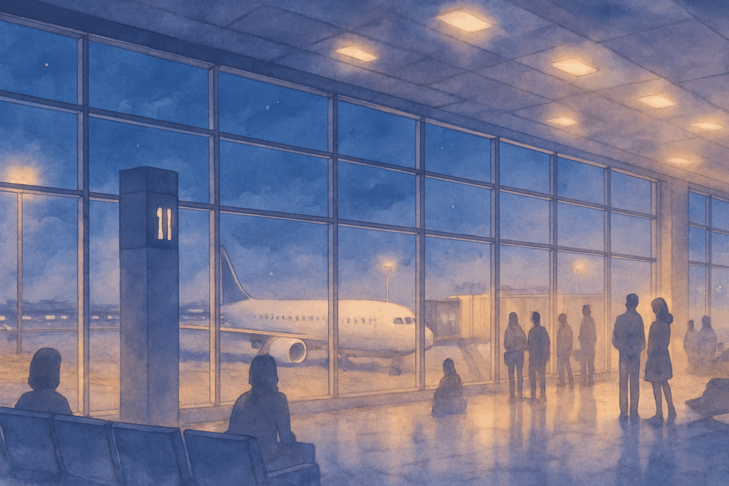 夜の空港ロビーや駅のホーム