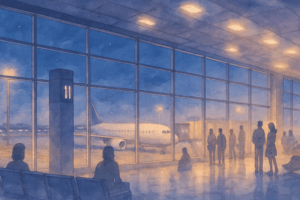 夜の空港ロビーや駅のホーム