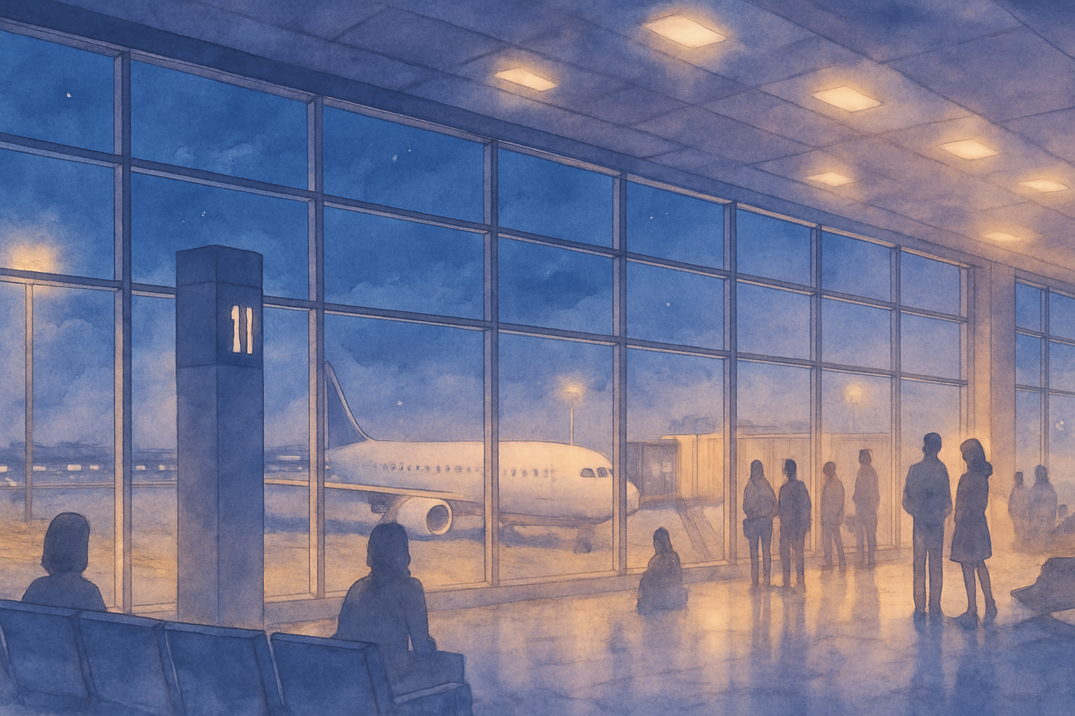 夜の空港ロビーや駅のホーム