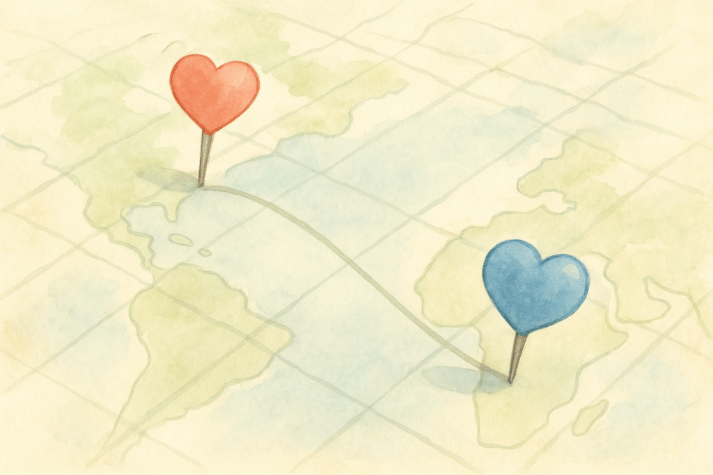 地図の上に2つのピン（離れた場所）と、その間を結ぶ細い線