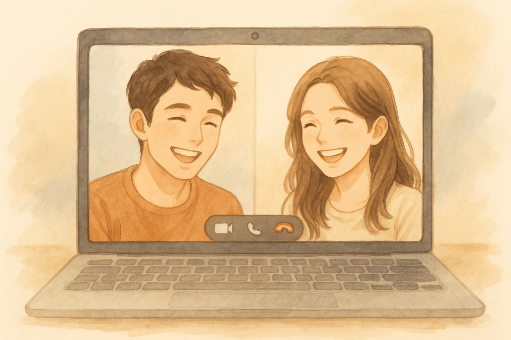 ビデオ通話の画面越しに笑い合う2人