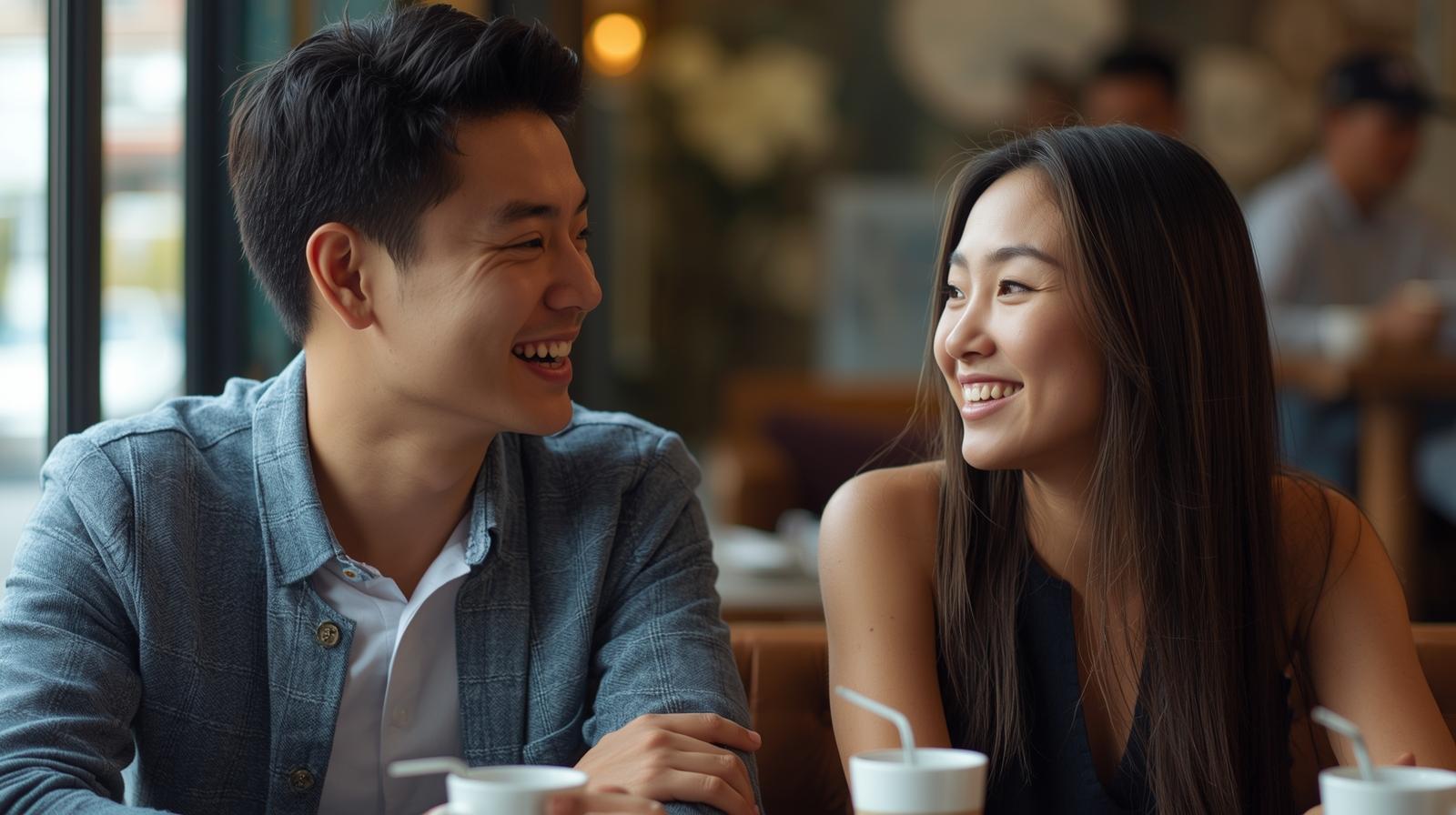 カフェで会話している男女の写真（自然な笑顔）
