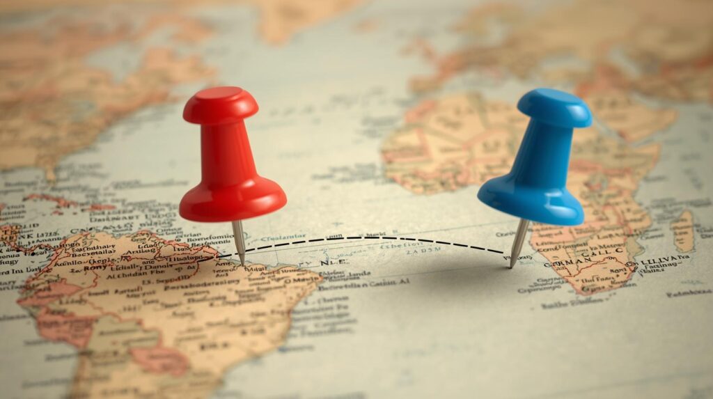 地図の上に2つのピン（離れた場所）と、その間を結ぶ細い線