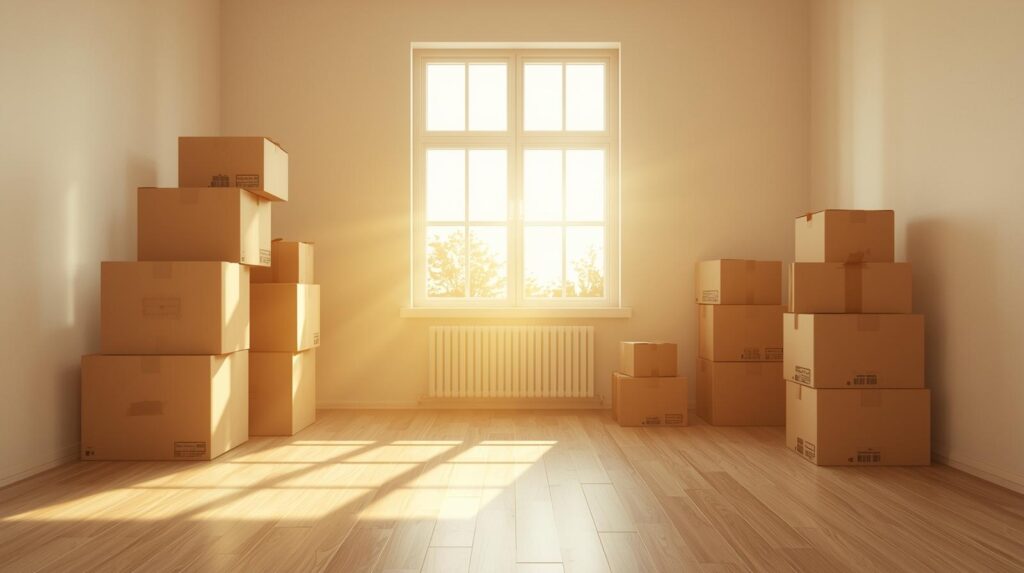 引っ越し段ボールと新しい部屋の窓から差し込む光、という“再スタート”感のある構図