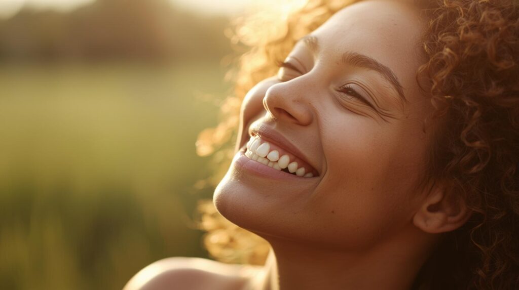朝の光の中で軽く微笑んでいる女性（もしくは男女どちらでもOK） 作り笑いではなく、「ふっと力が抜けた瞬間」のやわらかい表情