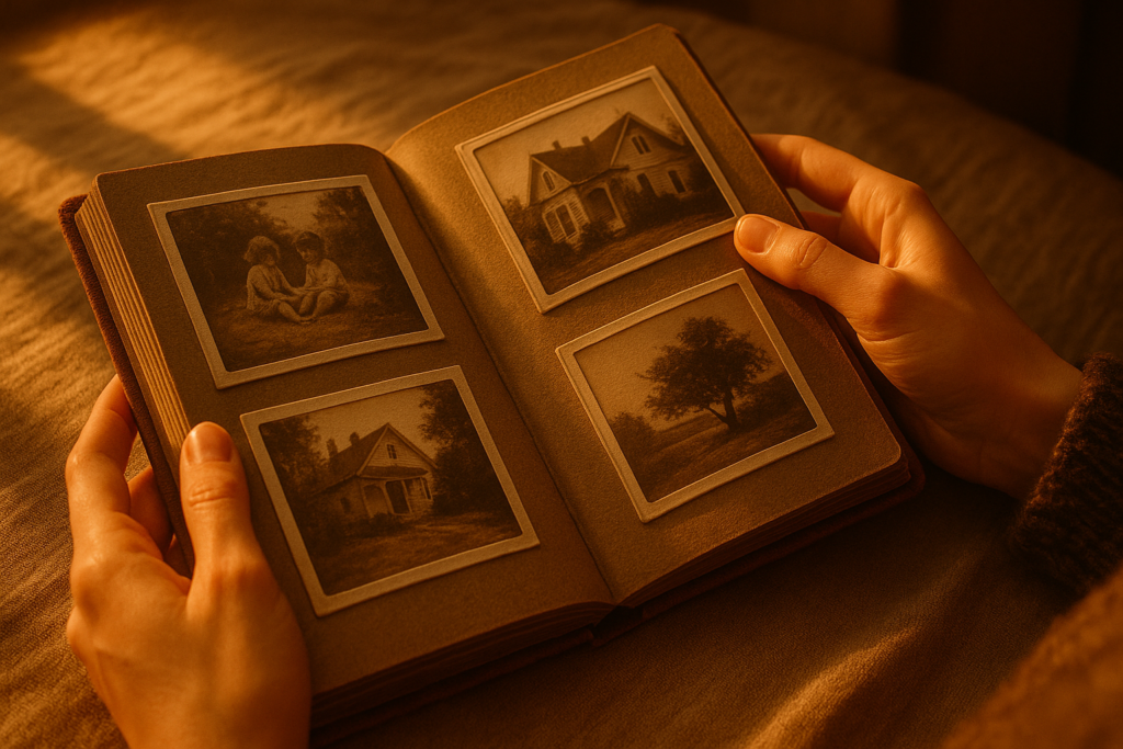 セピア色の古いアルバムを見ている手元