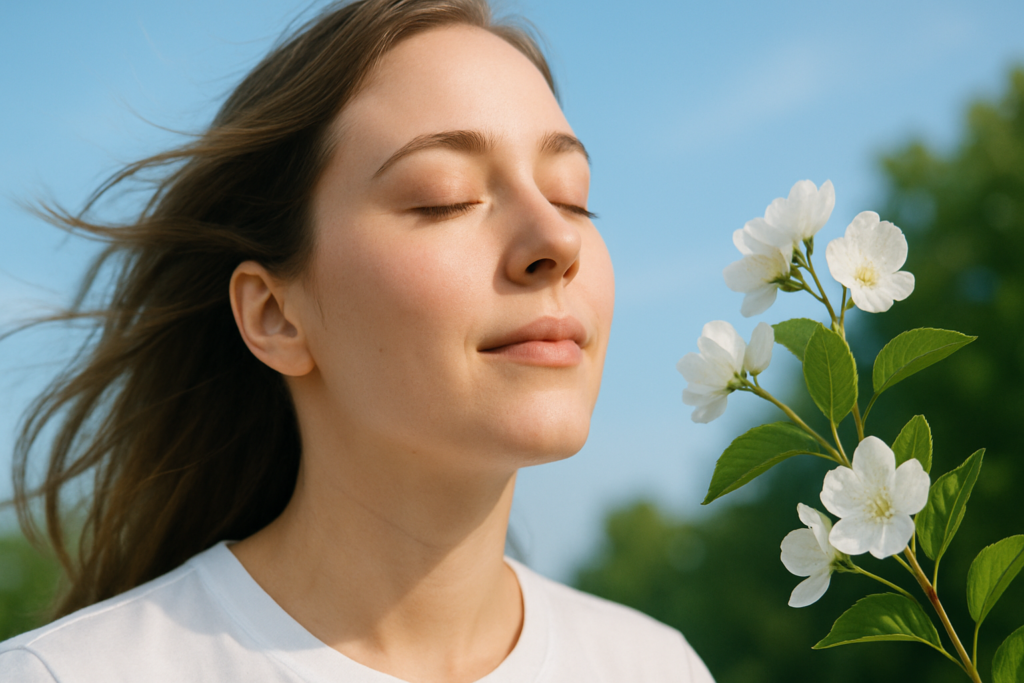 女性が目を閉じて、風や花の香りを深く吸い込んでいるクローズアップ