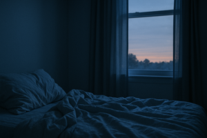 シーツの乱れが少し写り込んでいる、静かで少し寂しげな雰囲気