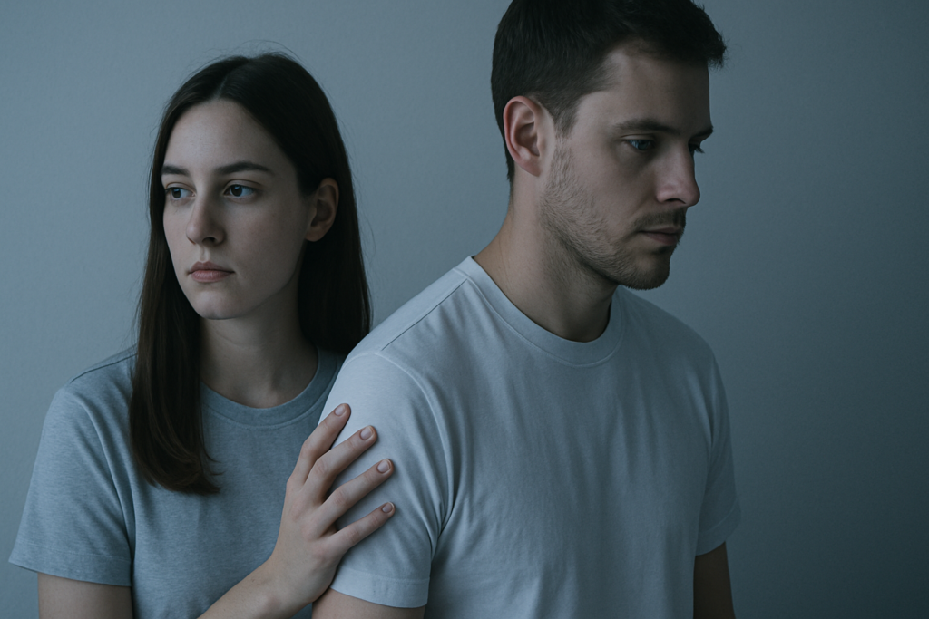 男女が触れ合っているけれど、視線が全く合っていない