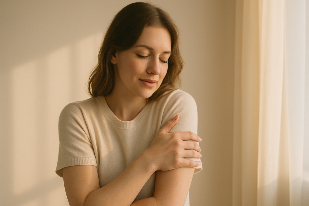 柔らかな朝の光の中で、女性が自分自身を優しくハグ