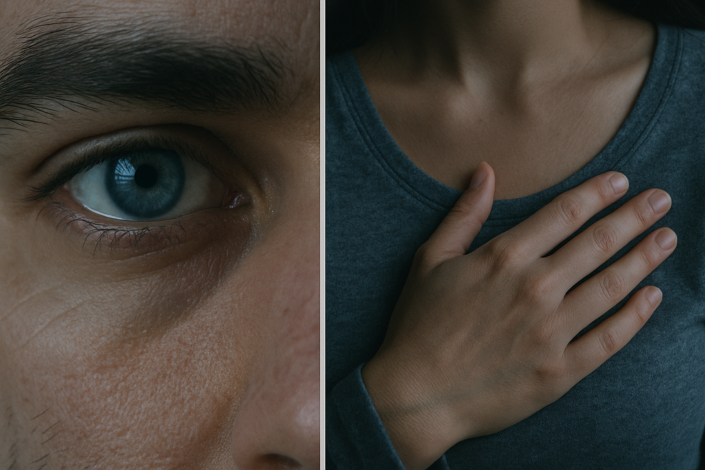 「男性の目」のクローズアップ（視覚優位の象徴）と、「女性の胸元（心臓のあたり）に手を当てている姿」（感情優位の象徴）