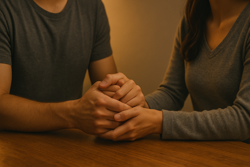 男女が向かい合って、手を取り合っている