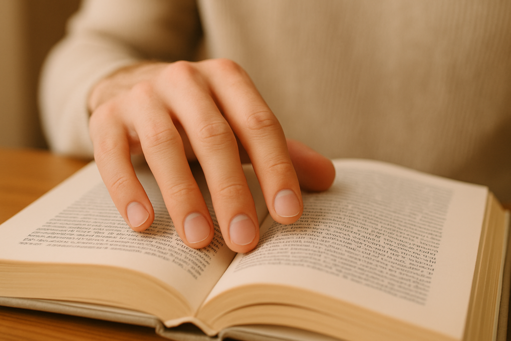 綺麗な男性の指先が、何か（本やカップなど）に触れているクローズアップ