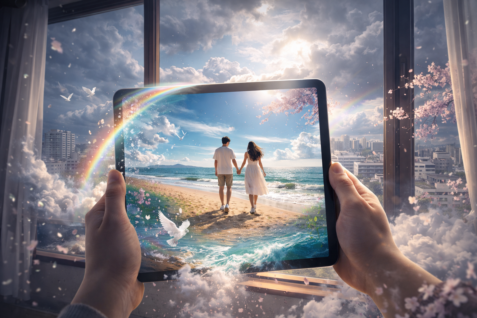 現実の風景(窓の外)と、タブレットの中の美しい世界が溶け合っているような幻想的なアート。