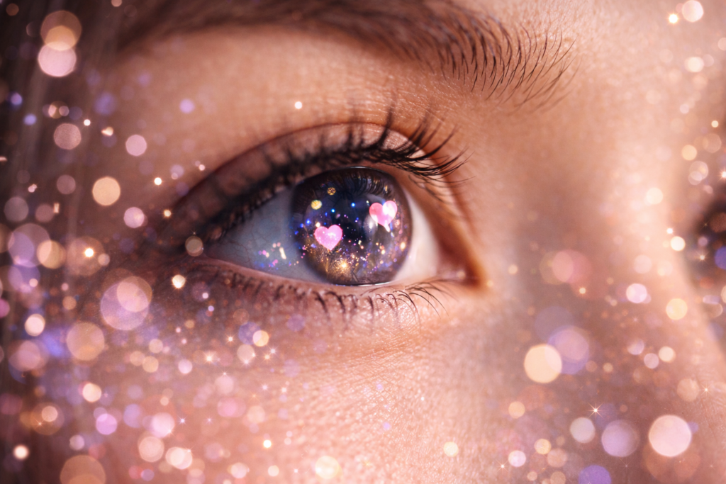 女性の瞳のアップ。瞳の中にキラキラした光やハートが映り込んでいる写真(興奮の表現)。
