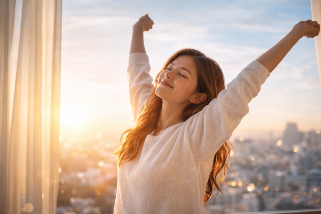 朝日を浴びて、スッキリとした表情で伸びをしている写真。