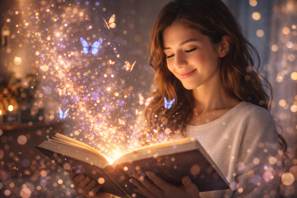 本を開いている女性から、光の粒子や蝶々が溢れ出しているような、想像力の豊かさを表現したアート。