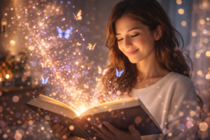 本を開いている女性から、光の粒子や蝶々が溢れ出しているような、想像力の豊かさを表現したアート。