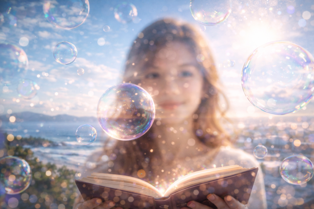 透明感のあるシャボン玉やガラス越しに、世界を見ているような写真（フィルター越しの美しい世界）。