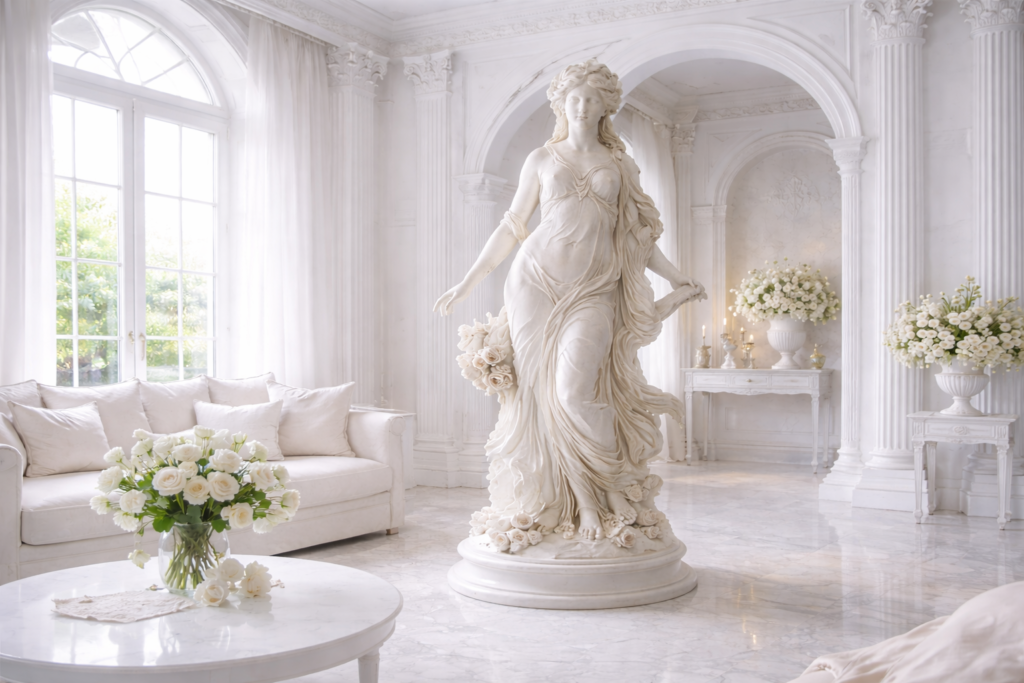 真っ白で無機質な美しい部屋や、大理石の彫刻のような完璧な造形美の写真。