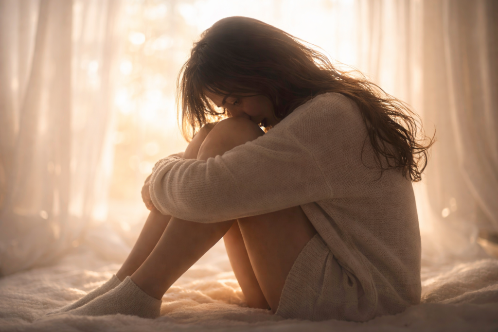 体育座りをして膝を抱えている女性のシルエット（自己防衛のポーズ）を、柔らかい光が包んでいる様子。