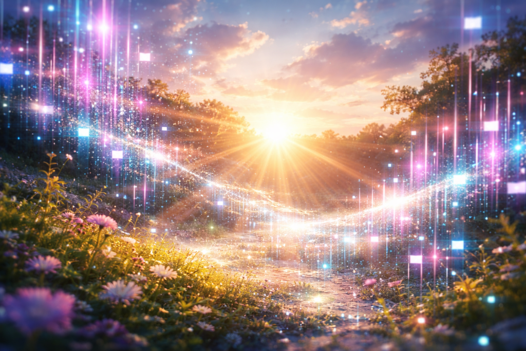 デジタルな光（ピクセルやネオン）と自然の光（太陽）が混ざり合っているような、新しい調和を感じさせるイメージ。