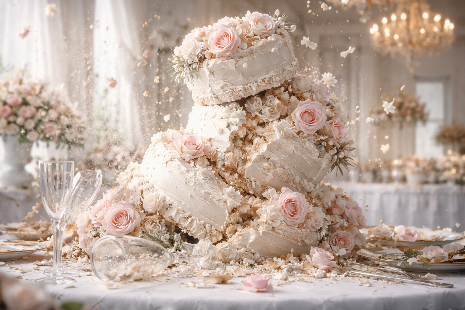 豪華なウェディングケーキが崩れている写真、あるいはシャンパングラスが割れている瞬間（華やかな結婚の崩壊）。