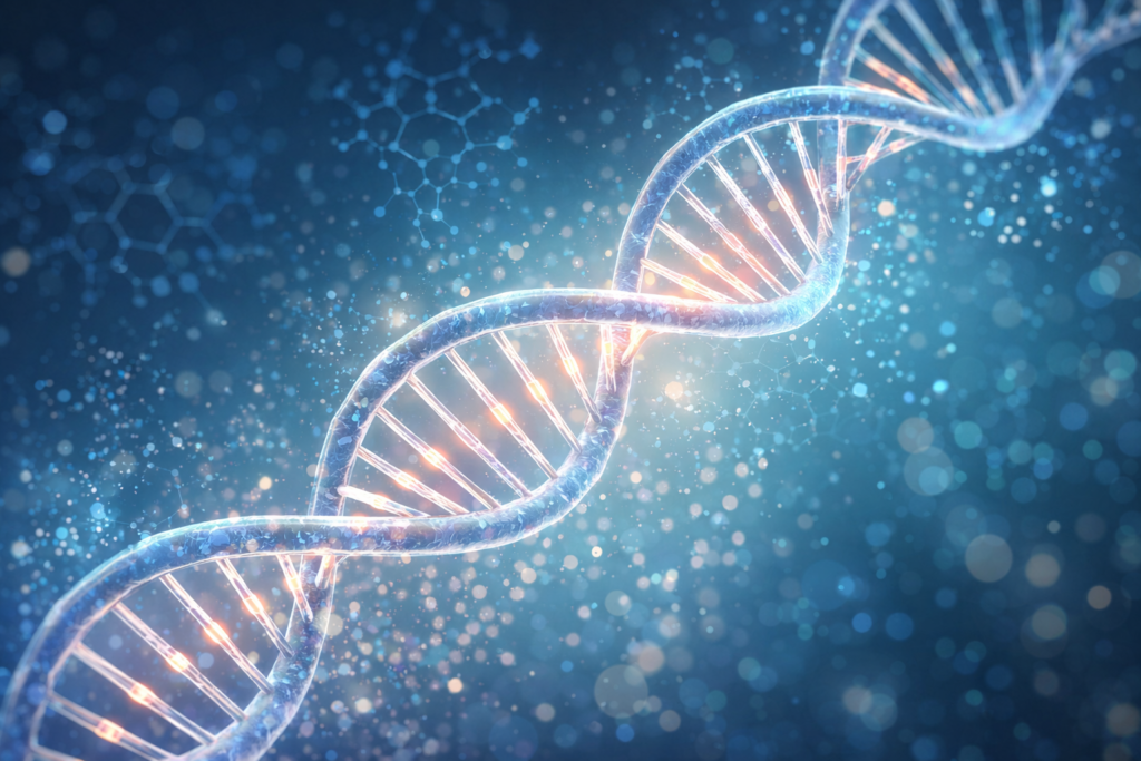 遺伝子（DNA）の二重らせん構造のイラスト。