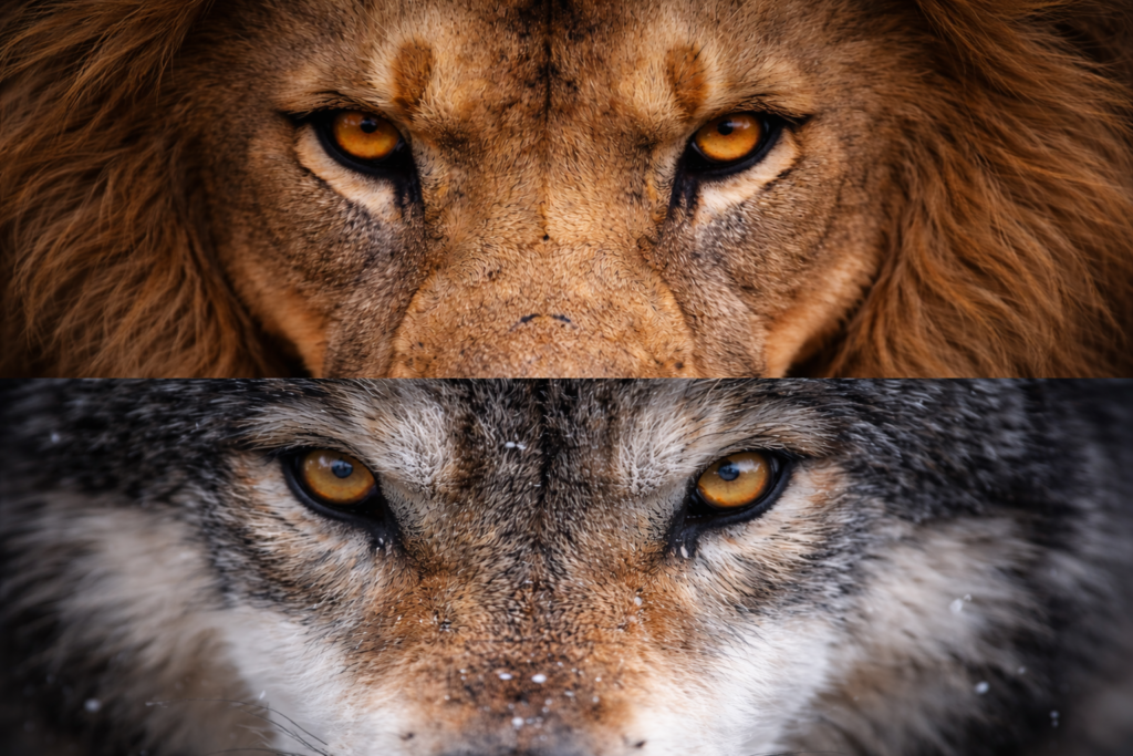 獲物を狙うライオンや狼の鋭い目（野生の本能）。