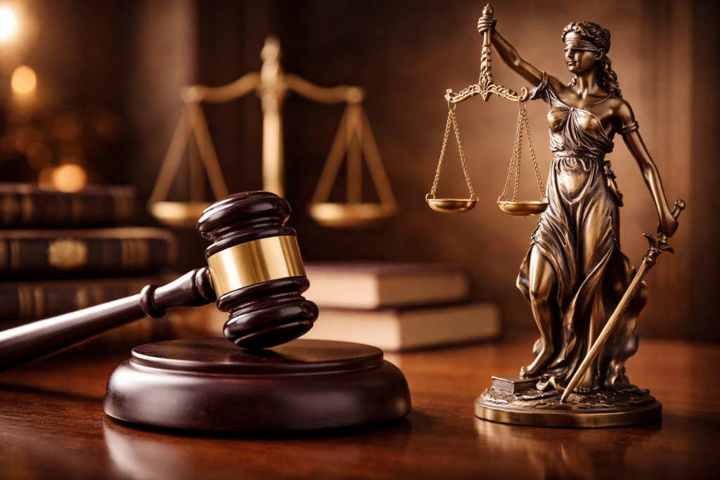 裁判所の木槌（ガベル）や、正義の女神の天秤（法的責任）。