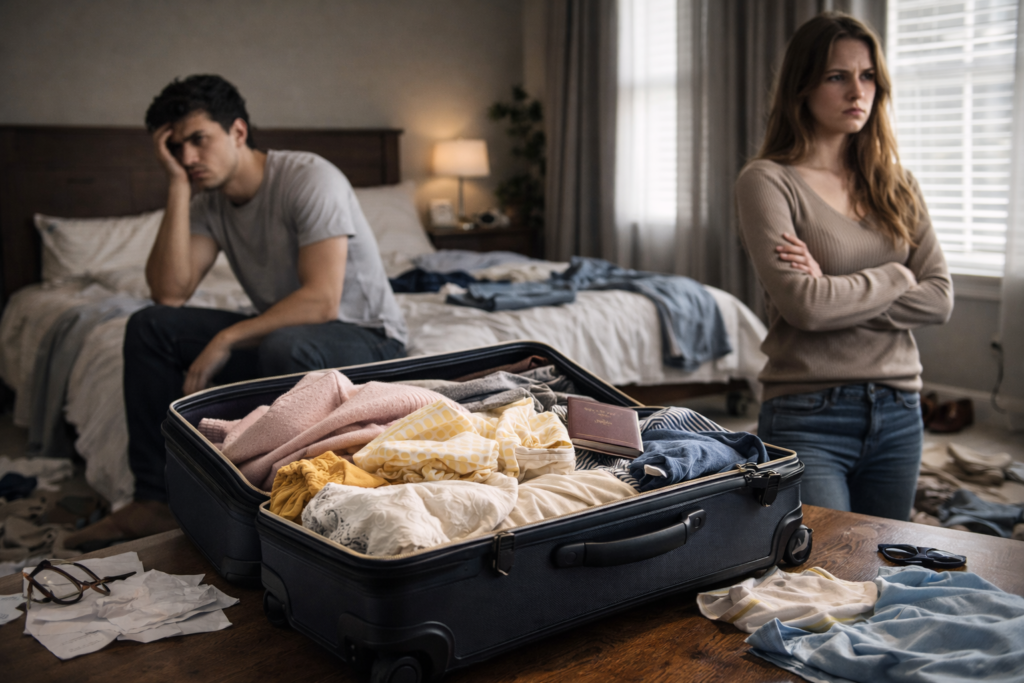 旅行鞄（スーツケース）が開けっ放しで、散らかった部屋にいる不機嫌そうな男女