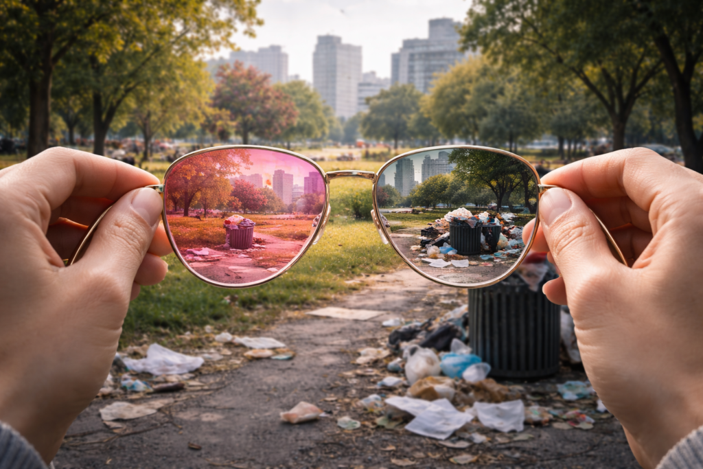 ピンク色のレンズのサングラス（色眼鏡）を外して、クリアな視界で現実の風景を見ている手元の写真。