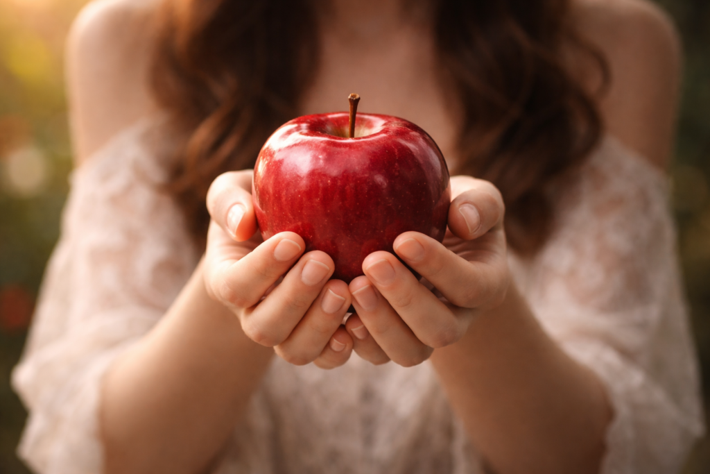 真っ赤なリンゴ（禁断の果実）を手に持っている女性の手元。
