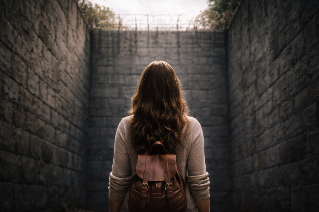 高い壁を見上げている女性の後ろ姿。
