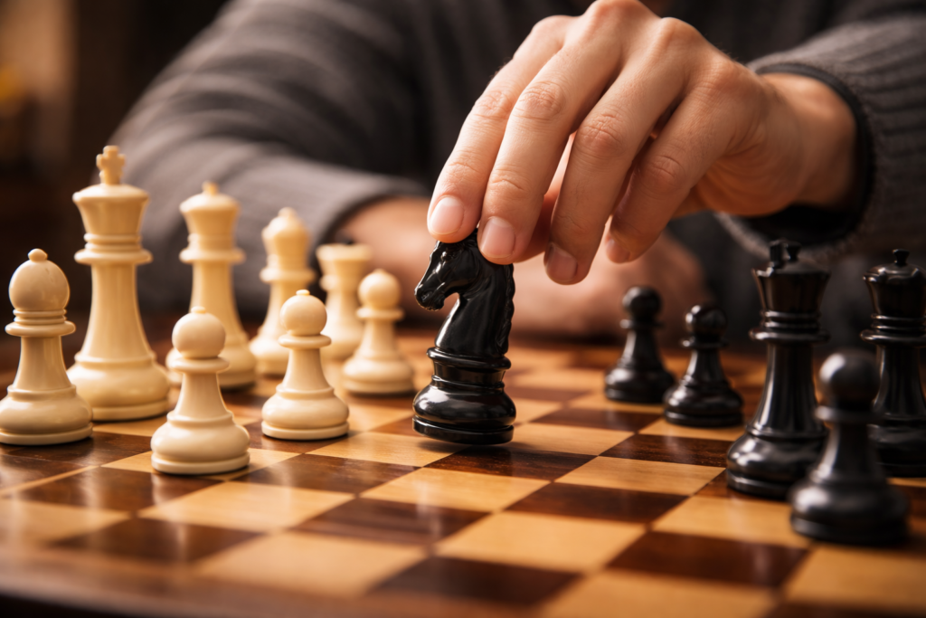 チェス盤の上で、駒を取ろうとしている手元。