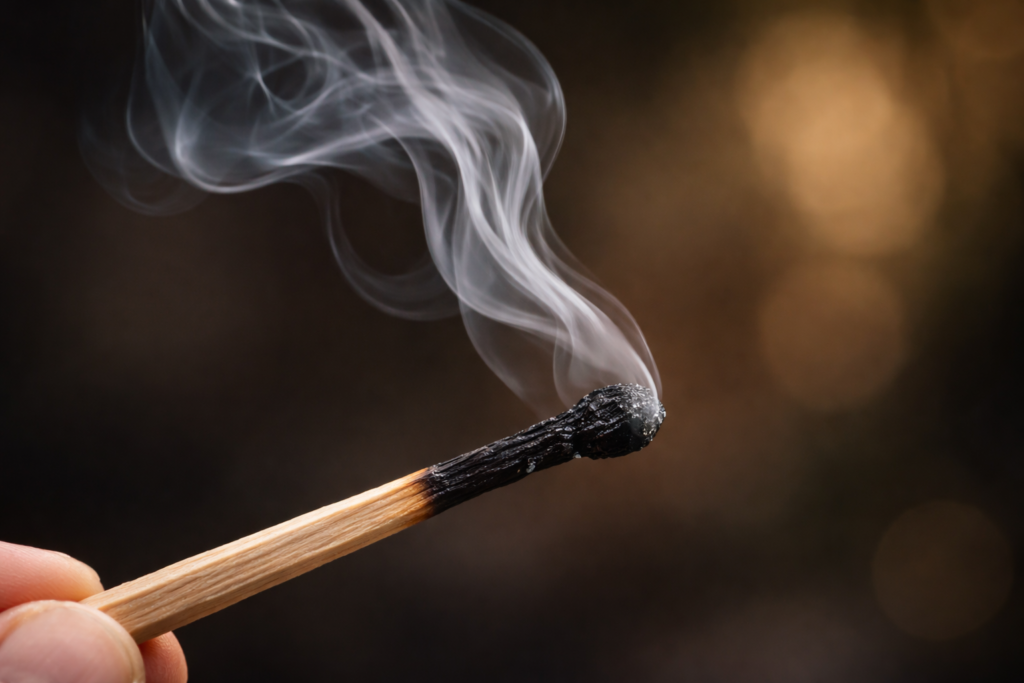 マッチの火が消えて、煙だけが上がっている写真。
