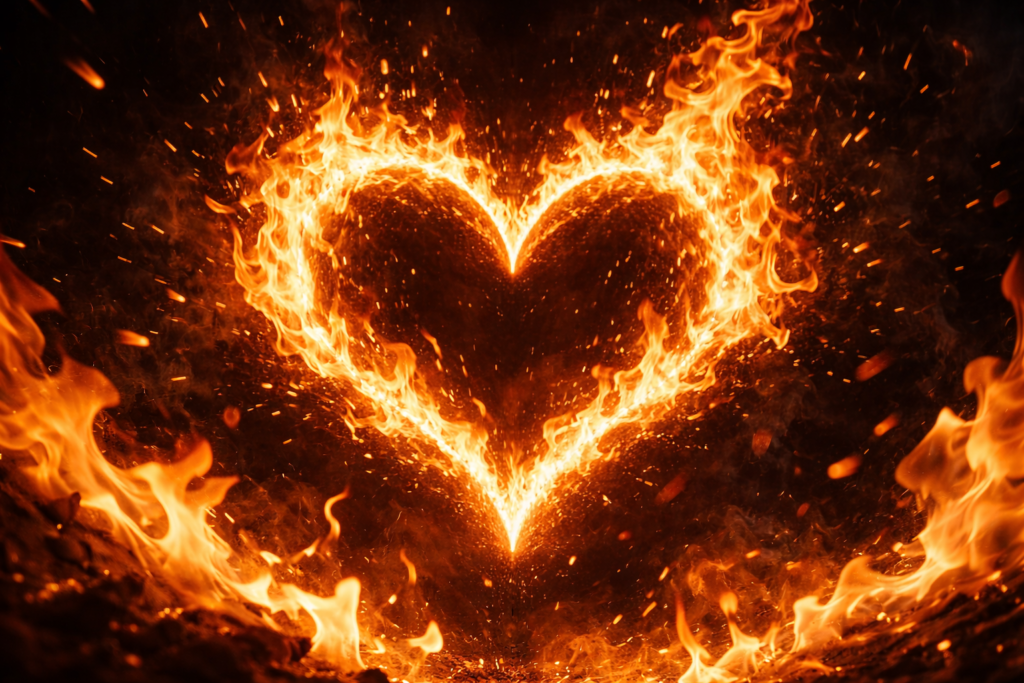 激しく燃え盛る炎の中に、ハートのシルエットが浮かんでいるようなドラマチックな画像。