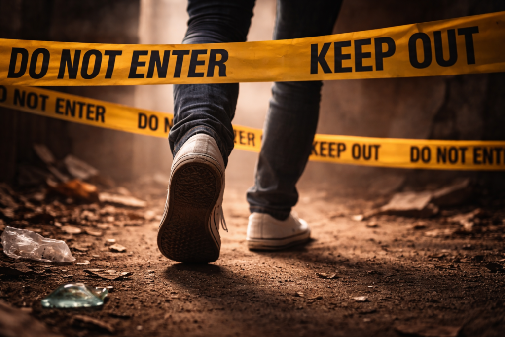 「DO NOT ENTER」や「KEEP OUT」のテープをくぐり抜けようとしている足元。