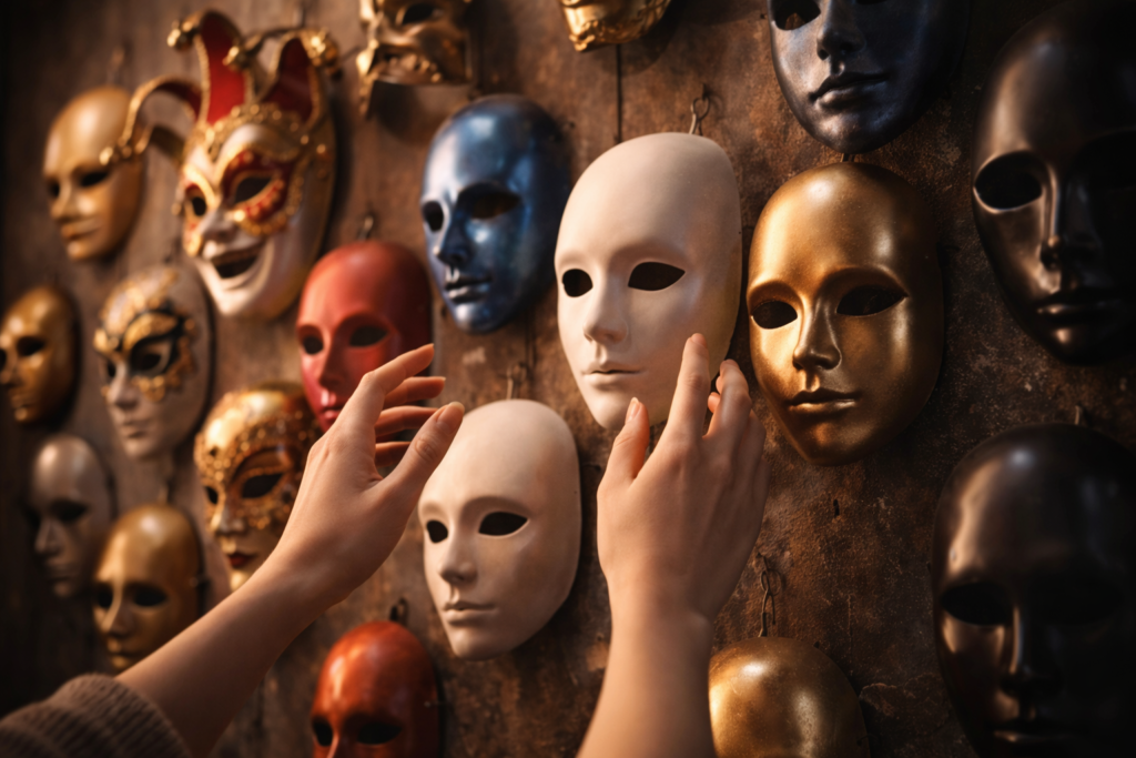 たくさんの仮面（マスク）が壁に掛かっていて、どれをつけようか迷っている手元（飽きっぽさ、好奇心）。