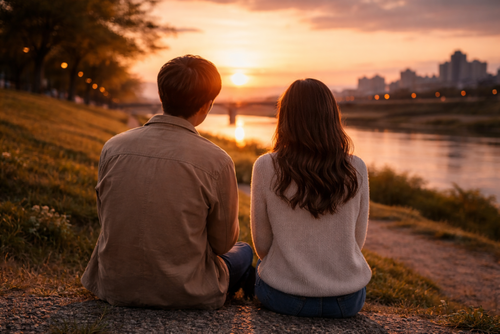 夕暮れ時の公園や土手で、並んで座っている男女の後ろ姿。距離は近いけれど、まだ手は繋いでいない絶妙な距離感。