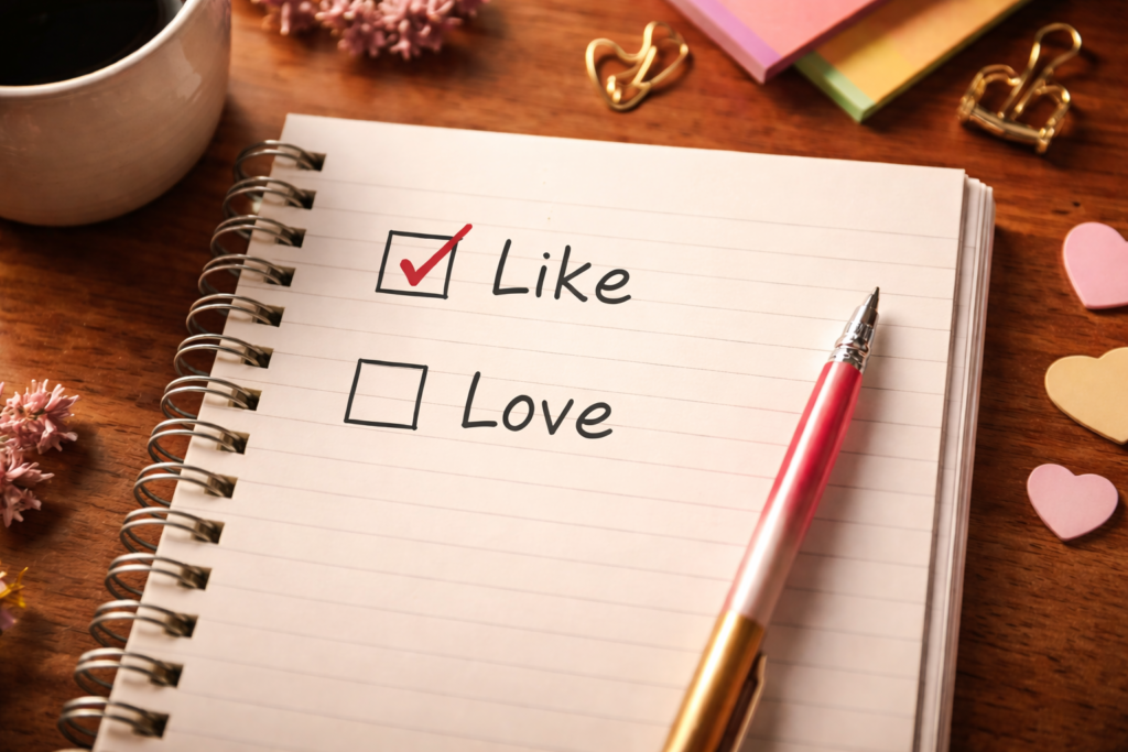ノートに「Like」と「Love」と書いてあって、チェックがついている写真。