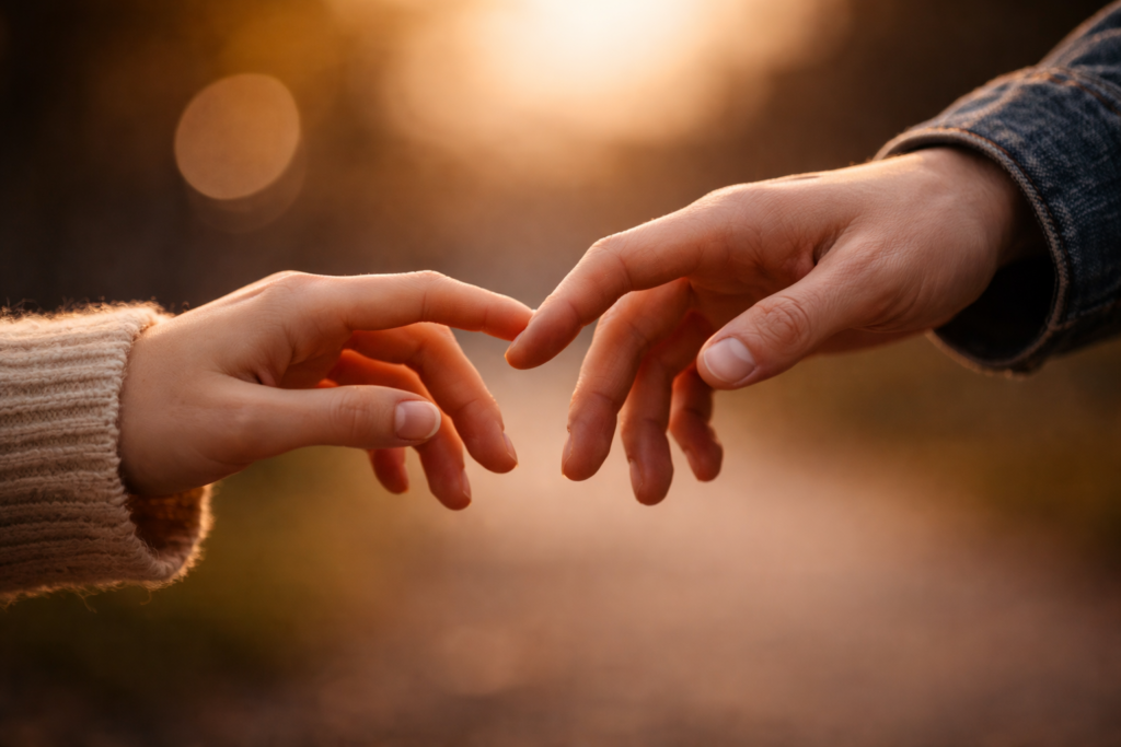 手と手が触れそうで触れていない、クローズアップ写真（指先）。