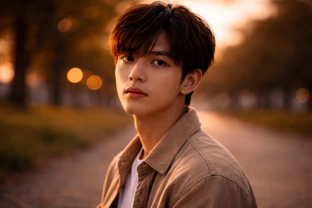 男性がふと真剣な表情でこちらを見ている写真（ドキッとする瞬間）。