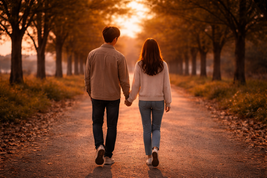 長い一本道を、二人で歩いていく後ろ姿（未来への暗示）。