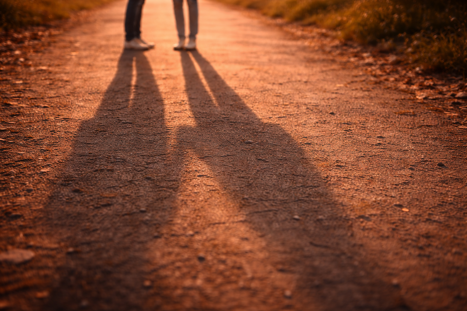 二つの影が地面に伸びていて、もう少しで重なりそうな写真。