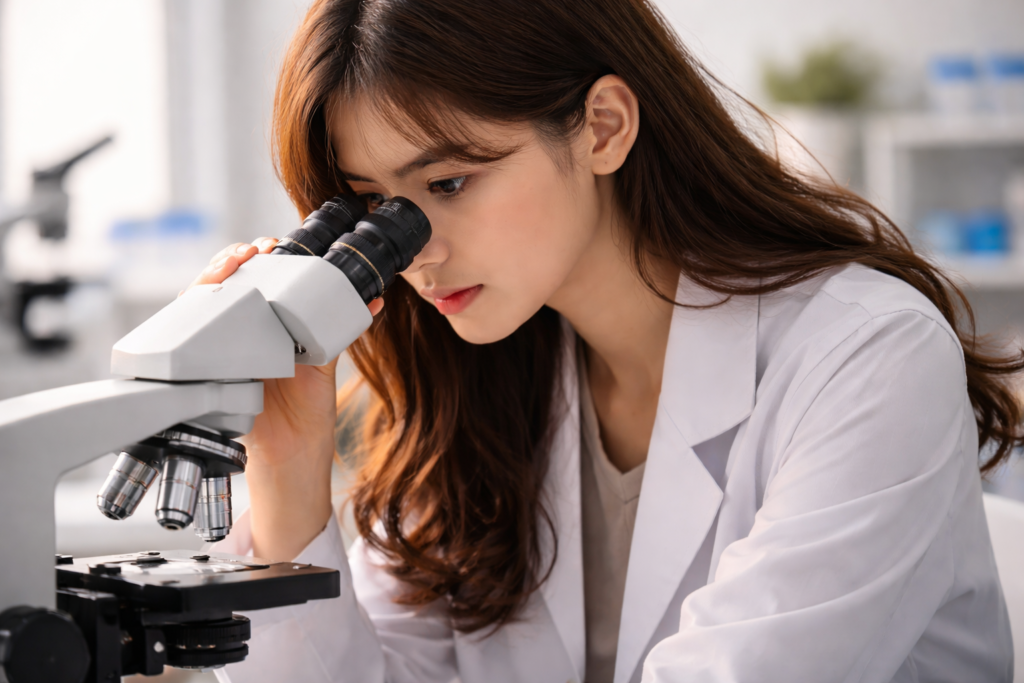 顕微鏡で何かを覗き込んでいる様子（分析のメタファー）。