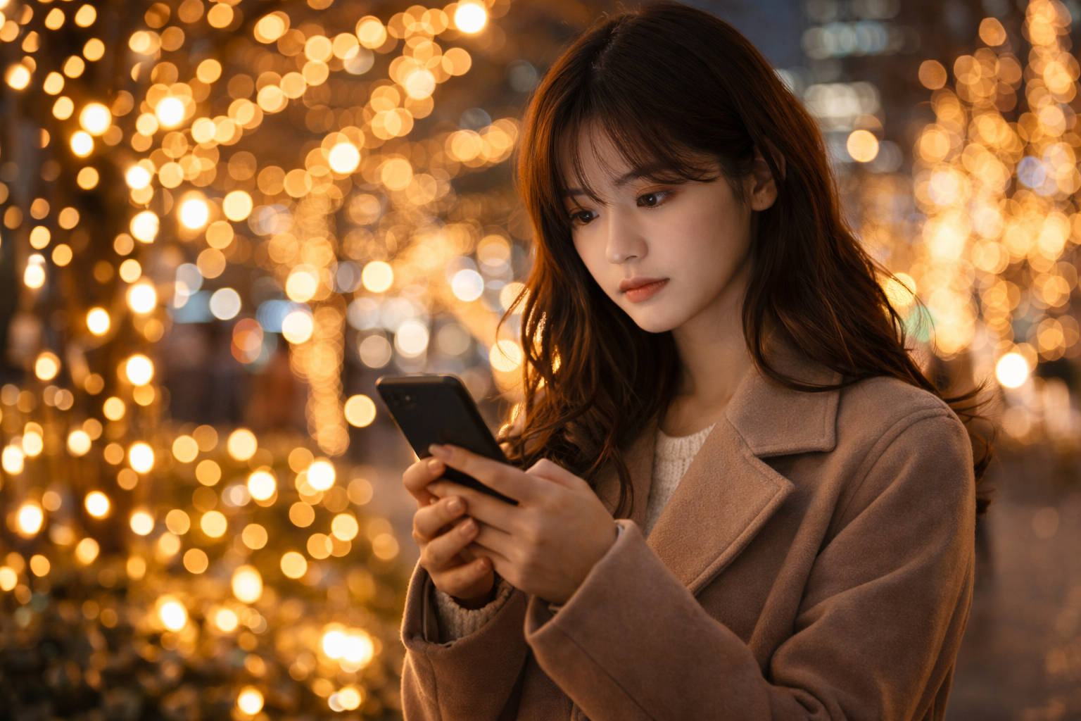 イルミネーションが輝く街中で、スマホを見ながら少し寂しそうに、でも期待を含んだ表情をしている女性。