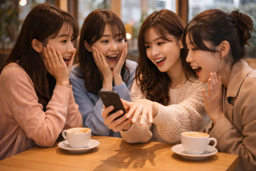 カフェで楽しそうに話している女性グループ。一人が指輪を見せていて、周りが「キャー！」と盛り上がっている様子。