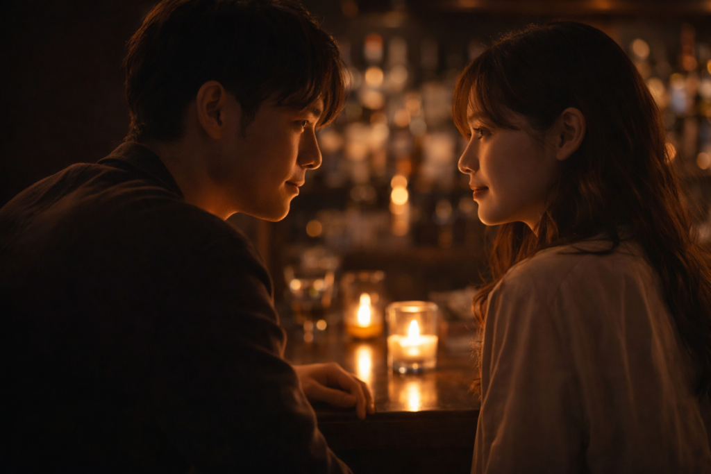 薄暗いバーのカウンターで、キャンドルの光に照らされている男女の横顔。
